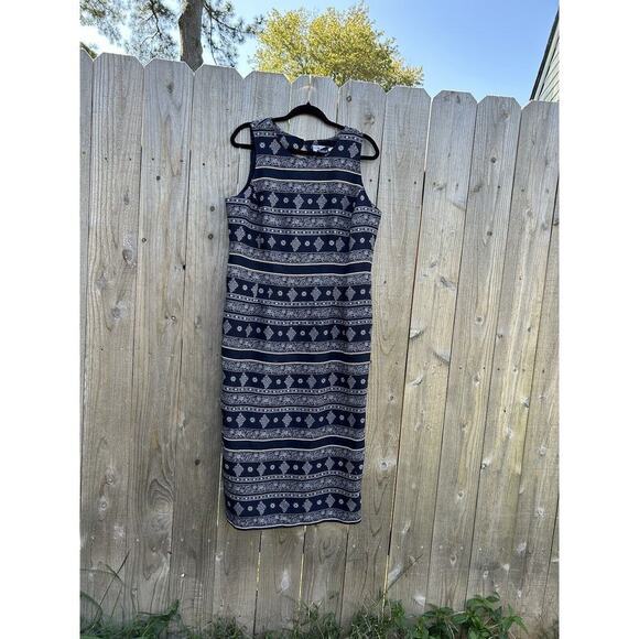 VTG Sunshine Starshine Floral Dress Size 14 Keyhole Back Sleeveless‎ Navy White - Picture 2 of 11